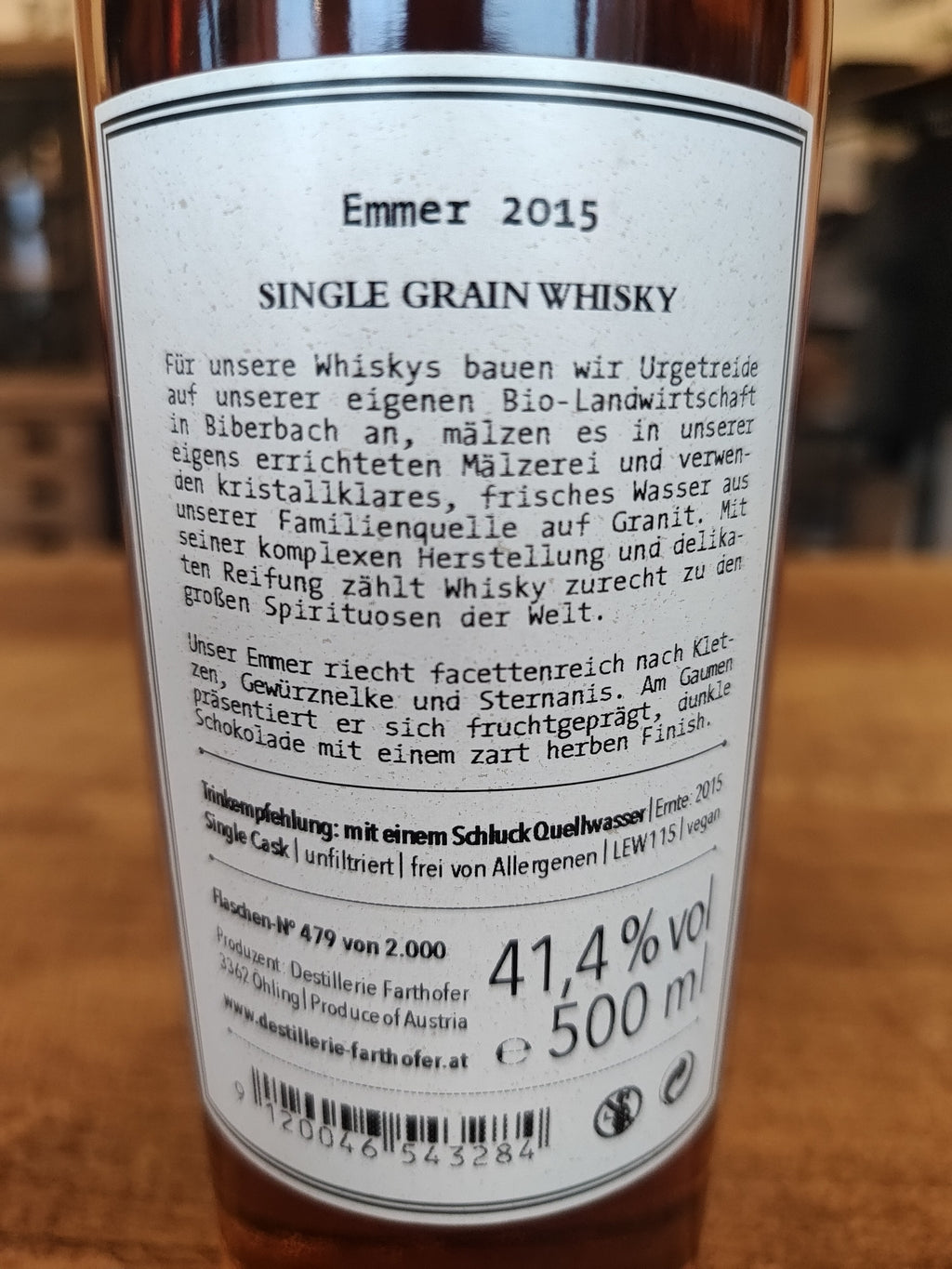 Farthofer Emmer 2015 (Bio) (Austrian single grain, 41.4% ABV)